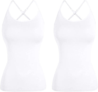 Women Spaghetti Strap Camisole Built in Shelf Bra Sleeveless Tank Top Padded Layering Undershirts Casual 2white-criss Cross / X-Large
