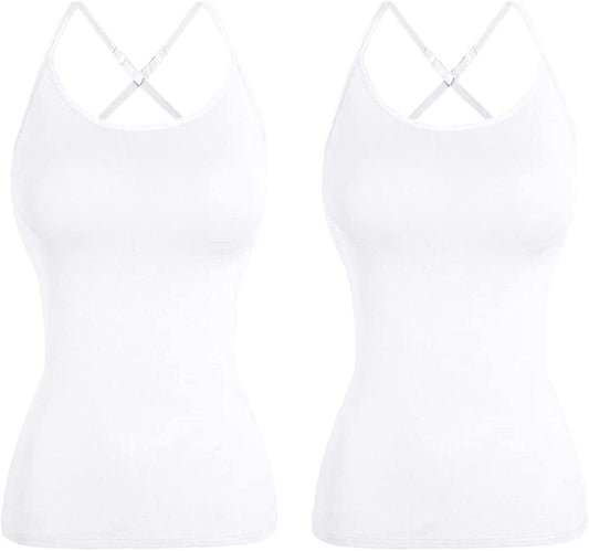 Women Spaghetti Strap Camisole Built in Shelf Bra Sleeveless Tank Top Padded Layering Undershirts Casual 2white-criss Cross / X-Large