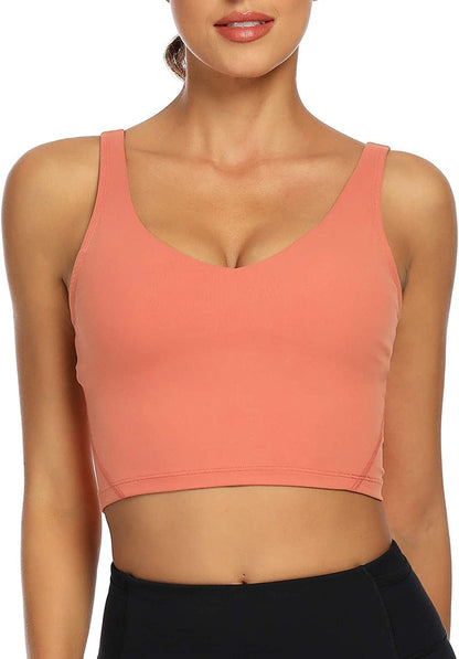 Women Sports Bra Longline Crop Tank Top Padded Workout Running Yoga Coral / Medium