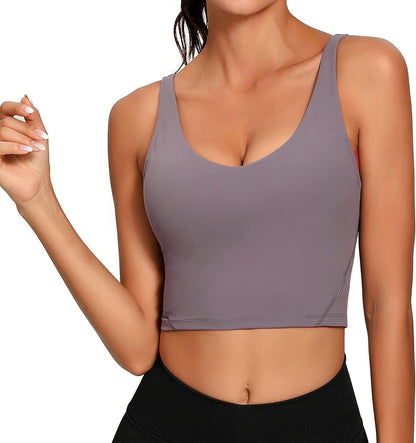 Women Sports Bra Longline Crop Tank Top Padded Workout Running Yoga Lavender Grey / Medium
