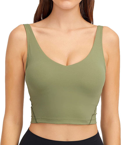 Women Sports Bra Longline Crop Tank Top Padded Workout Running Yoga Light Olive / Medium