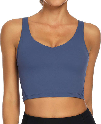 Women Sports Bra Longline Crop Tank Top Padded Workout Running Yoga Navy Blue / Medium