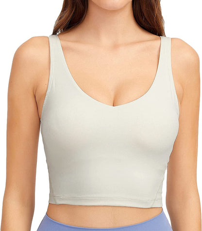 Women Sports Bra Longline Crop Tank Top Padded Workout Running Yoga Off-white / Medium