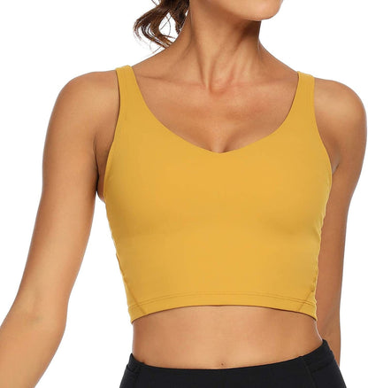 Women Sports Bra Longline Crop Tank Top Padded Workout Running Yoga Yellow / Medium