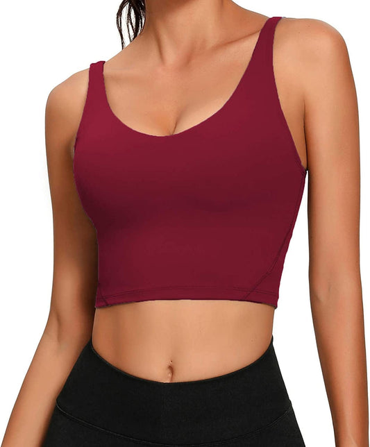 Women Sports Bra Longline Crop Tank Top Padded Workout Running Yoga Burgundy / Medium