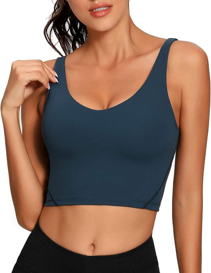 Women Sports Bra Longline Crop Tank Top Padded Workout Running Yoga