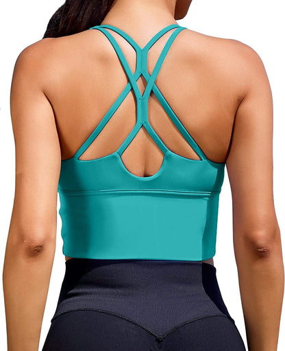 Women Sports Bras Longline Fitness Crop Tops Tank Gym Camisole Yoga Workout Running Shirts Lake Green Sports Bra / Large