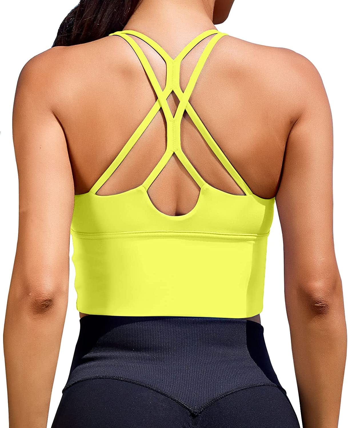 Women Sports Bras Longline Fitness Crop Tops Tank Gym Camisole Yoga Workout Running Shirts Fluorescent Yellow Sport Bra / Medium