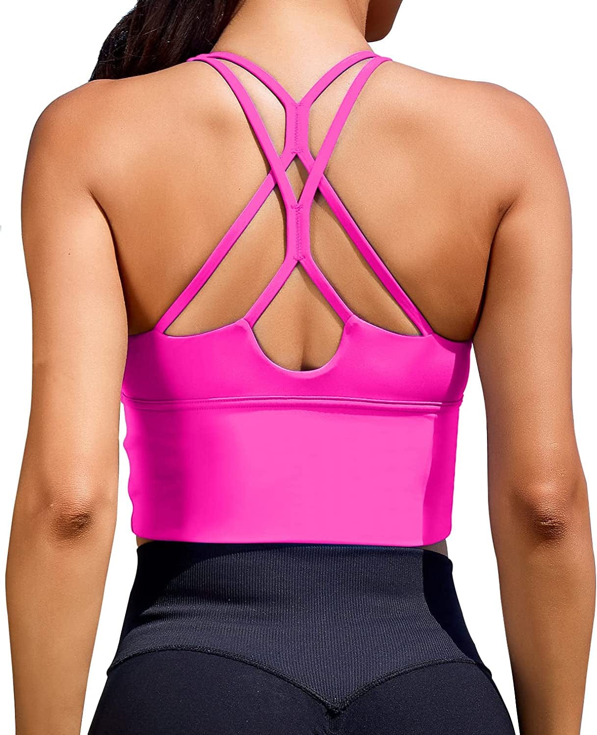 Women Sports Bras Longline Fitness Crop Tops Tank Gym Camisole Yoga Workout Running Shirts Barbie Pink / Medium