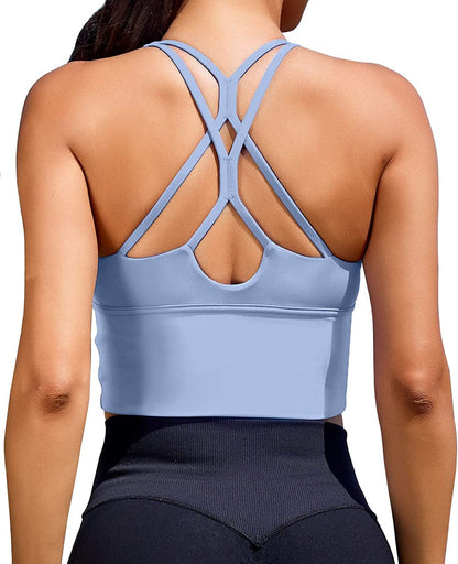 Women Sports Bras Longline Fitness Crop Tops Tank Gym Camisole Yoga Workout Running Shirts Sky Blue Sports Bra / X-Large