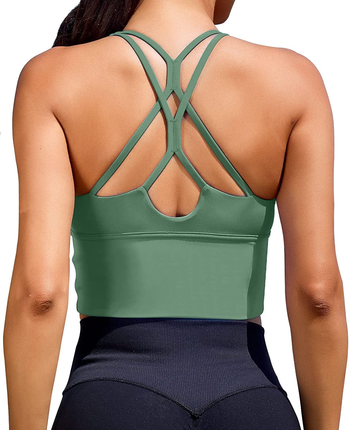 Women Sports Bras Longline Fitness Crop Tops Tank Gym Camisole Yoga Workout Running Shirts Green Sports Bra / Large