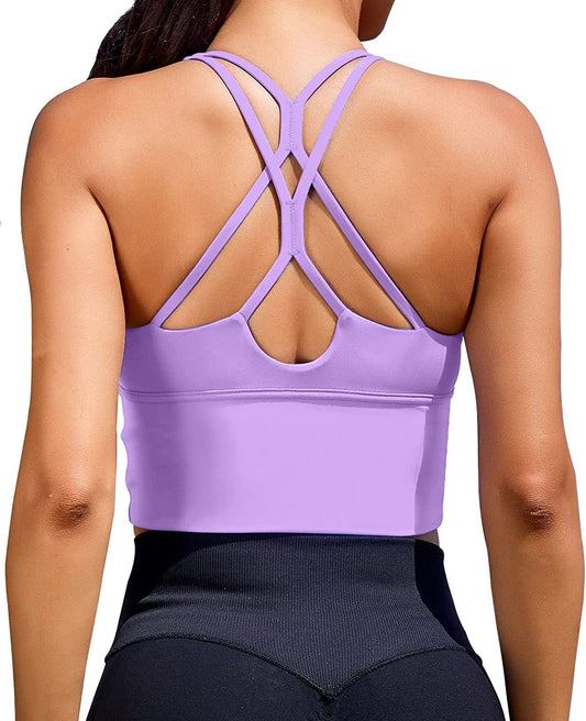 Women Sports Bras Longline Fitness Crop Tops Tank Gym Camisole Yoga Workout Running Shirts Dreamy Purple Sports Bra / Medium
