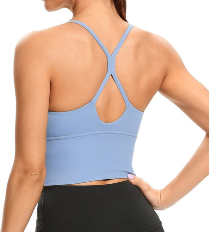 Women Sports Bras Strappy Longline Fitness Padded Workout Yoga Running Crop Tank Tops Light Blue / Small