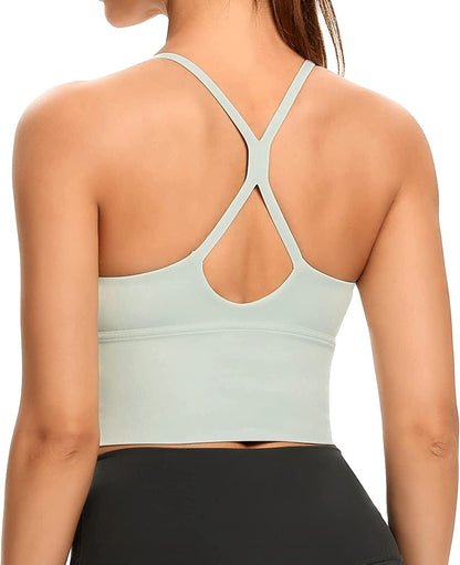 Women Sports Bras Strappy Longline Fitness Padded Workout Yoga Running Crop Tank Tops Light Green / Small