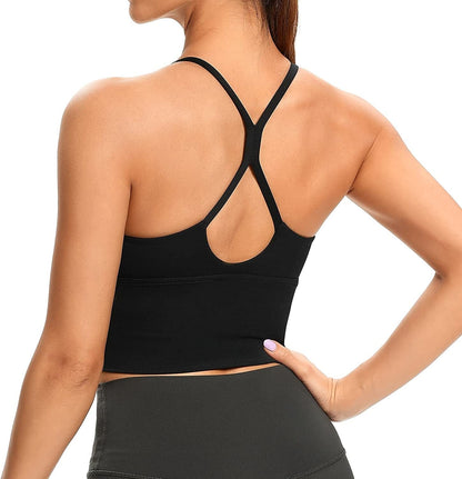 Women Sports Bras Strappy Longline Fitness Padded Workout Yoga Running Crop Tank Tops Black / Medium