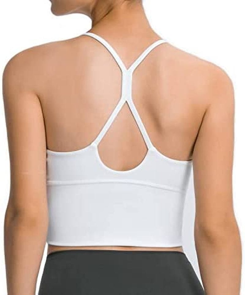 Women Sports Bras Strappy Longline Fitness Padded Workout Yoga Running Crop Tank Tops White / Medium