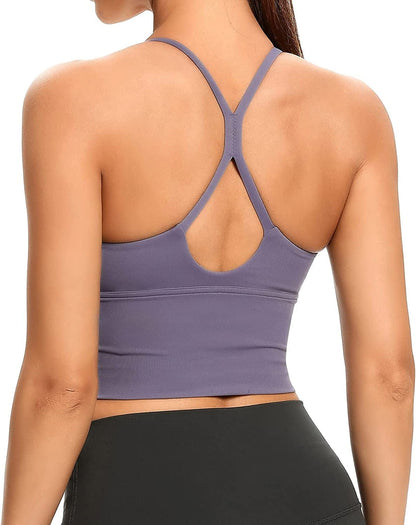 Women Sports Bras Strappy Longline Fitness Padded Workout Yoga Running Crop Tank Tops Purple / Medium