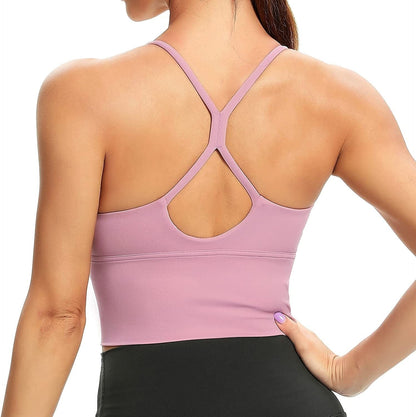 Women Sports Bras Strappy Longline Fitness Padded Workout Yoga Running Crop Tank Tops Pink / Medium