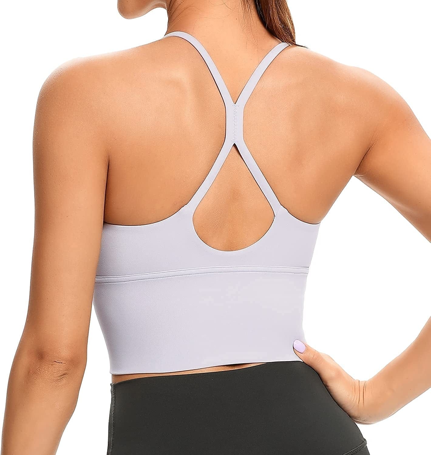 Women Sports Bras Strappy Longline Fitness Padded Workout Yoga Running Crop Tank Tops Light Grey / X-Large