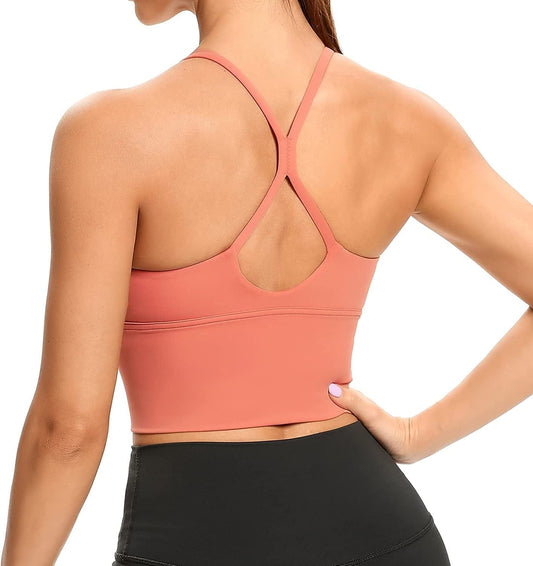 Women Sports Bras Strappy Longline Fitness Padded Workout Yoga Running Crop Tank Tops Coral Red / Medium