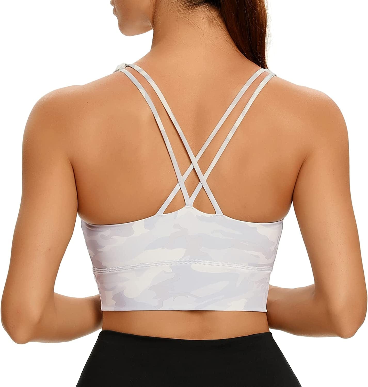Women Strappy Cross Back Yoga Workout Sports Bra Longline Crop Tank Top White Camo / X-Large