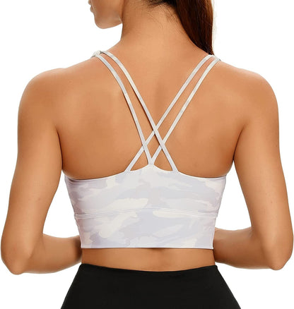 Women Strappy Cross Back Yoga Workout Sports Bra Longline Crop Tank Top White Camo / X-Large