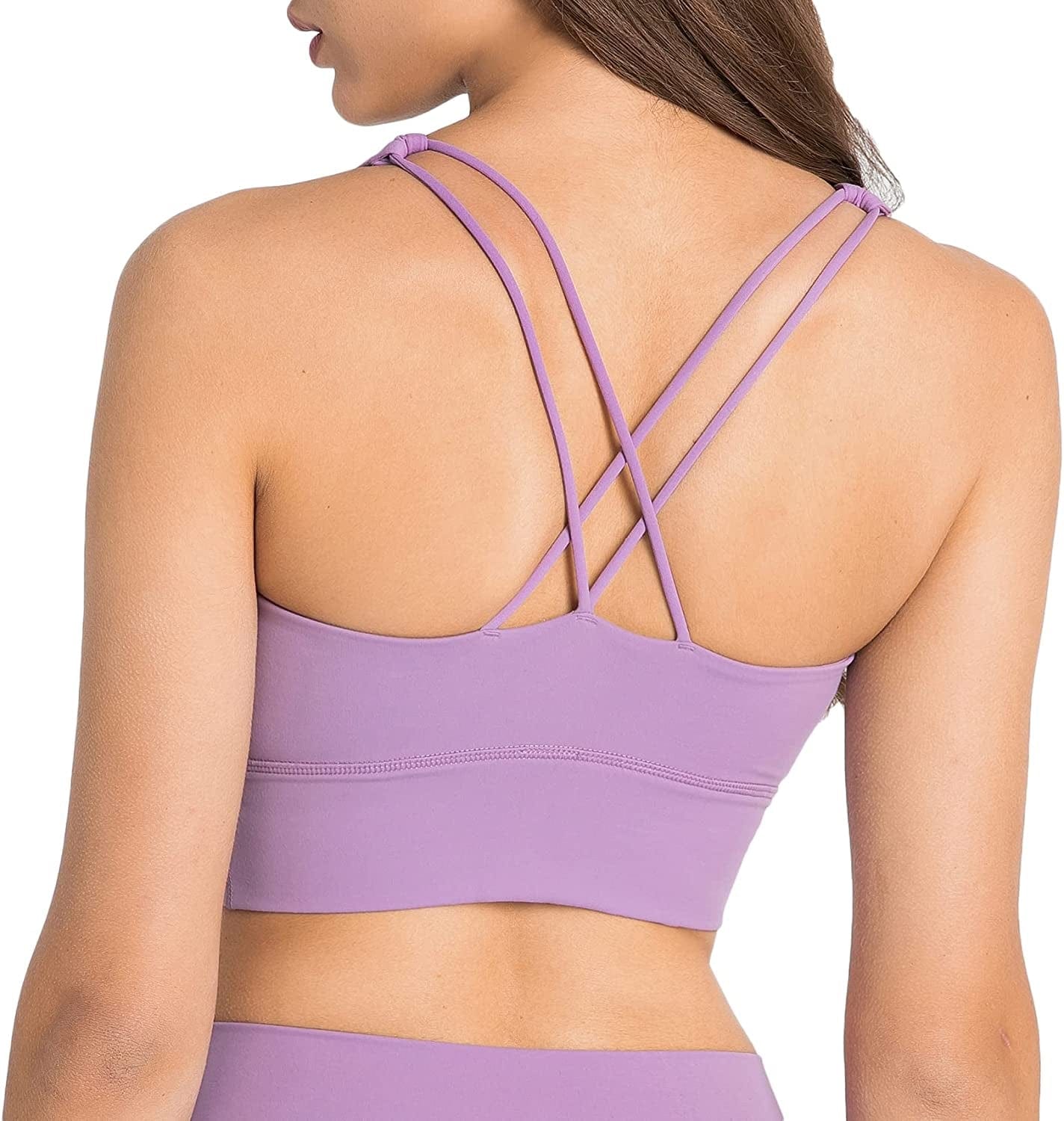 Women Strappy Cross Back Yoga Workout Sports Bra Longline Crop Tank Top Purple / Medium