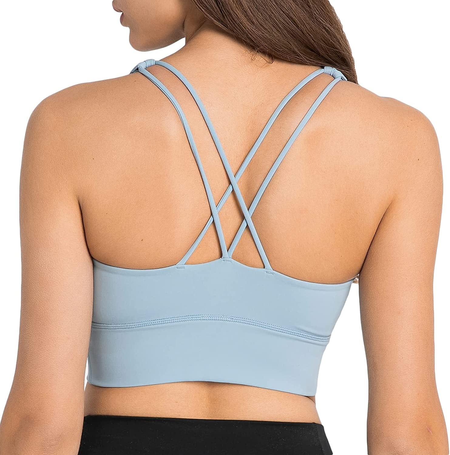 Women Strappy Cross Back Yoga Workout Sports Bra Longline Crop Tank Top Light Blue / Small