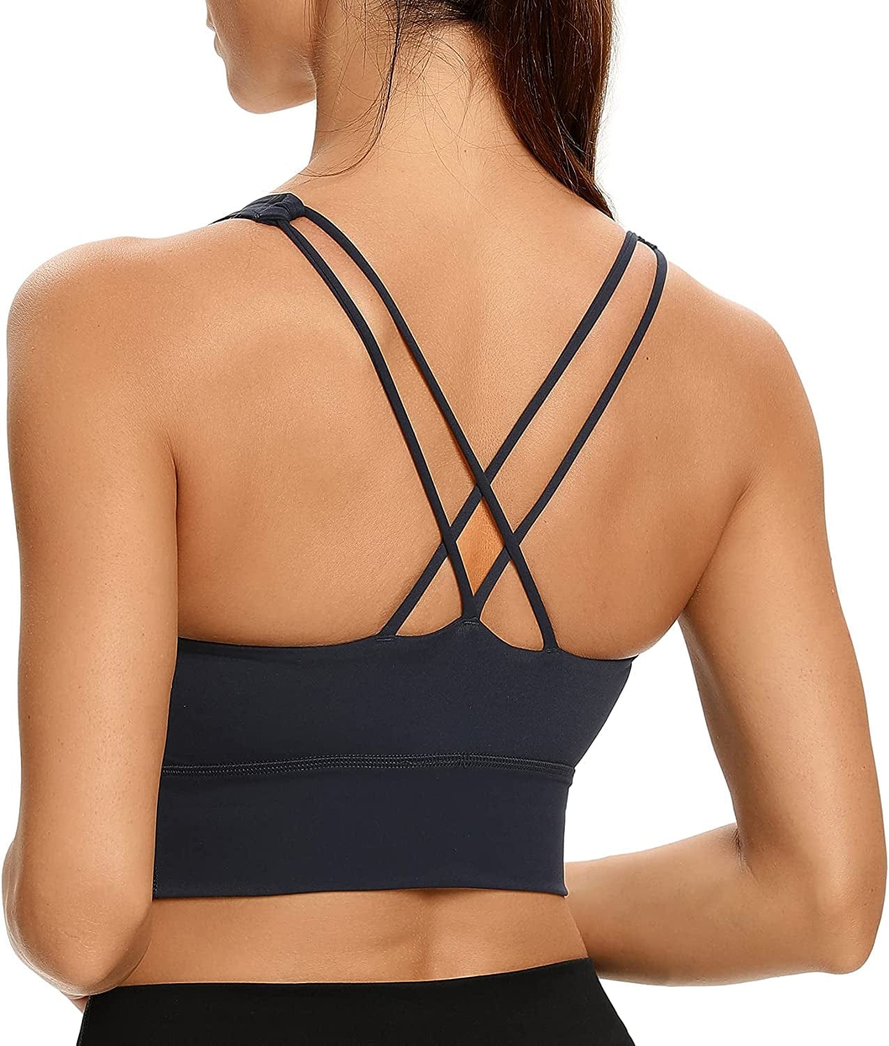 Women Strappy Cross Back Yoga Workout Sports Bra Longline Crop Tank Top Dark Blue / Small
