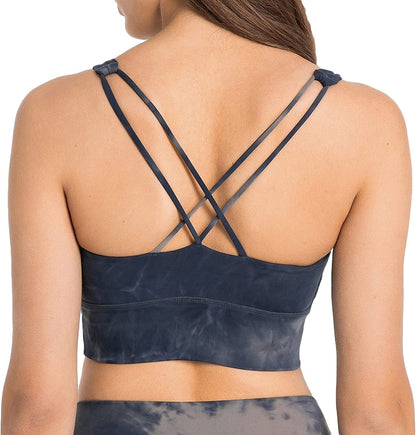 Women Strappy Cross Back Yoga Workout Sports Bra Longline Crop Tank Top Tie Dye Blue / X-Large