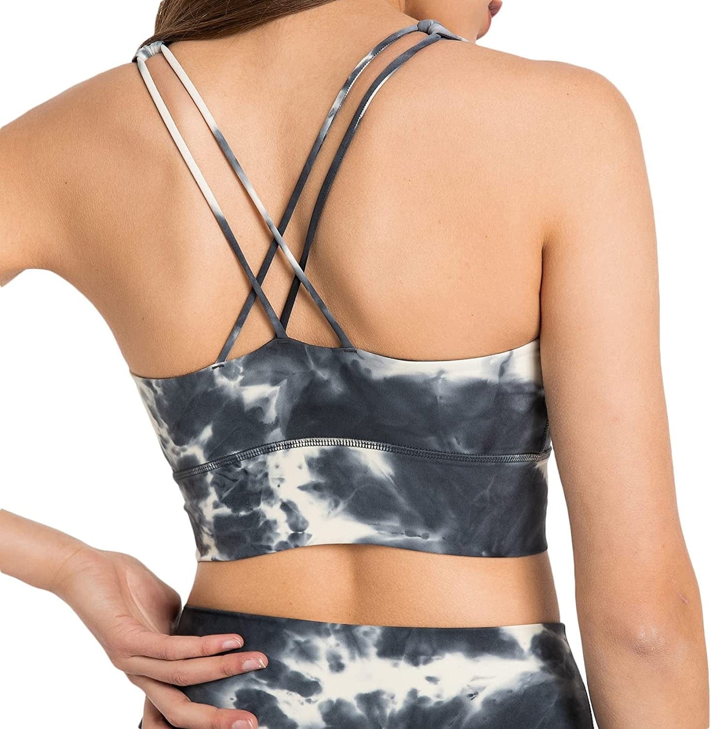 Women Strappy Cross Back Yoga Workout Sports Bra Longline Crop Tank Top Tie Dye Black / X-Large