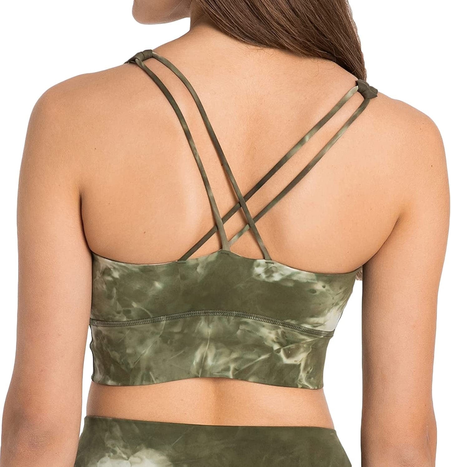 Women Strappy Cross Back Yoga Workout Sports Bra Longline Crop Tank Top Tie Dye Green / Small