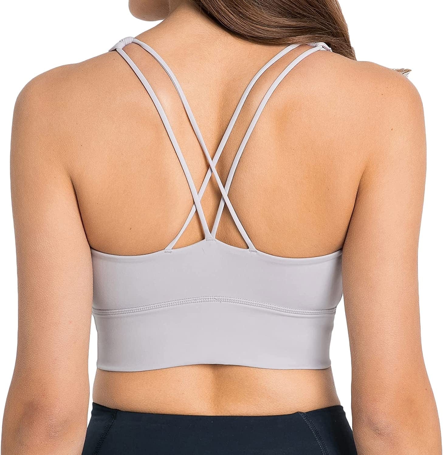 Women Strappy Cross Back Yoga Workout Sports Bra Longline Crop Tank Top Grey / X-Large