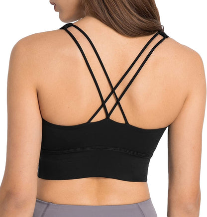 Women Strappy Cross Back Yoga Workout Sports Bra Longline Crop Tank Top Black / X-Large