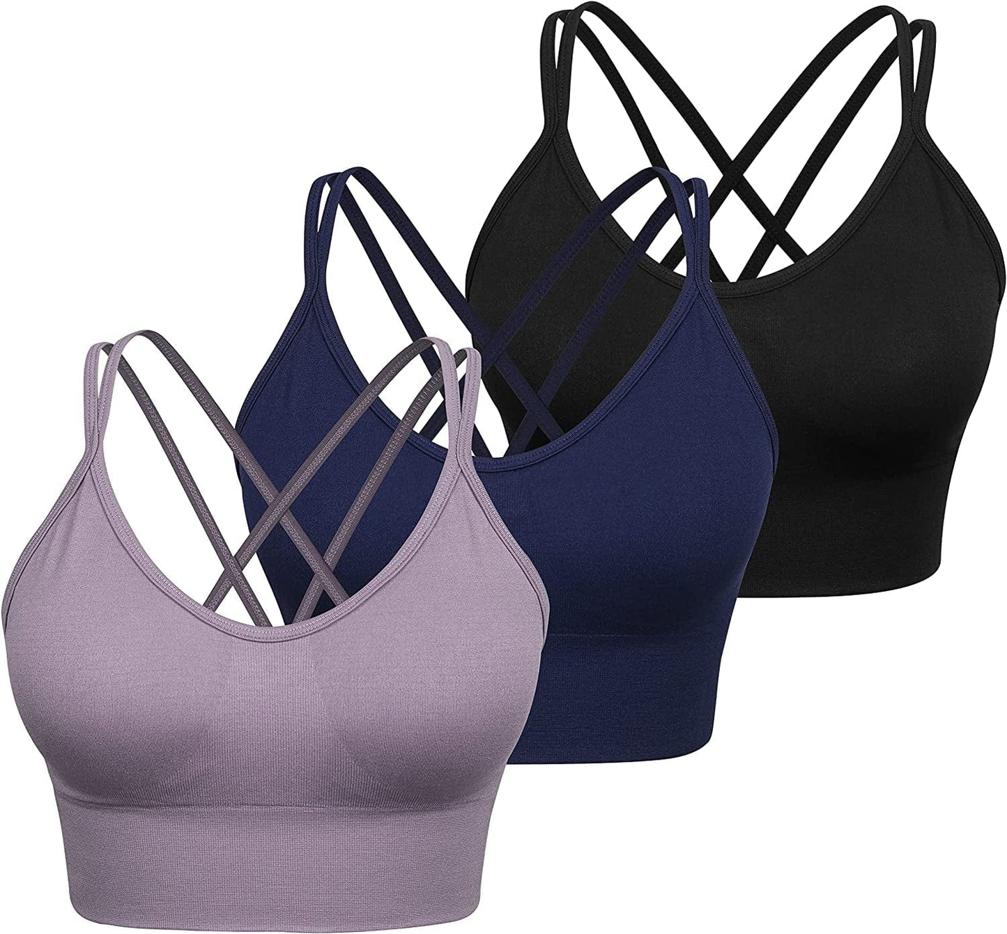 Women Strappy Sports Bra Cross Back Medium Supports Seamless Removable Padded Yoga Bra for Workout Fitness 3 Pack 3pack(black+blue+purple) / X-Large
