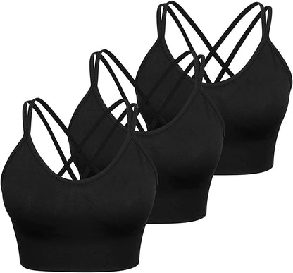 Women Strappy Sports Bra Cross Back Medium Supports Seamless Removable Padded Yoga Bra for Workout Fitness 3 Pack 3pack(black+black+black) / Large