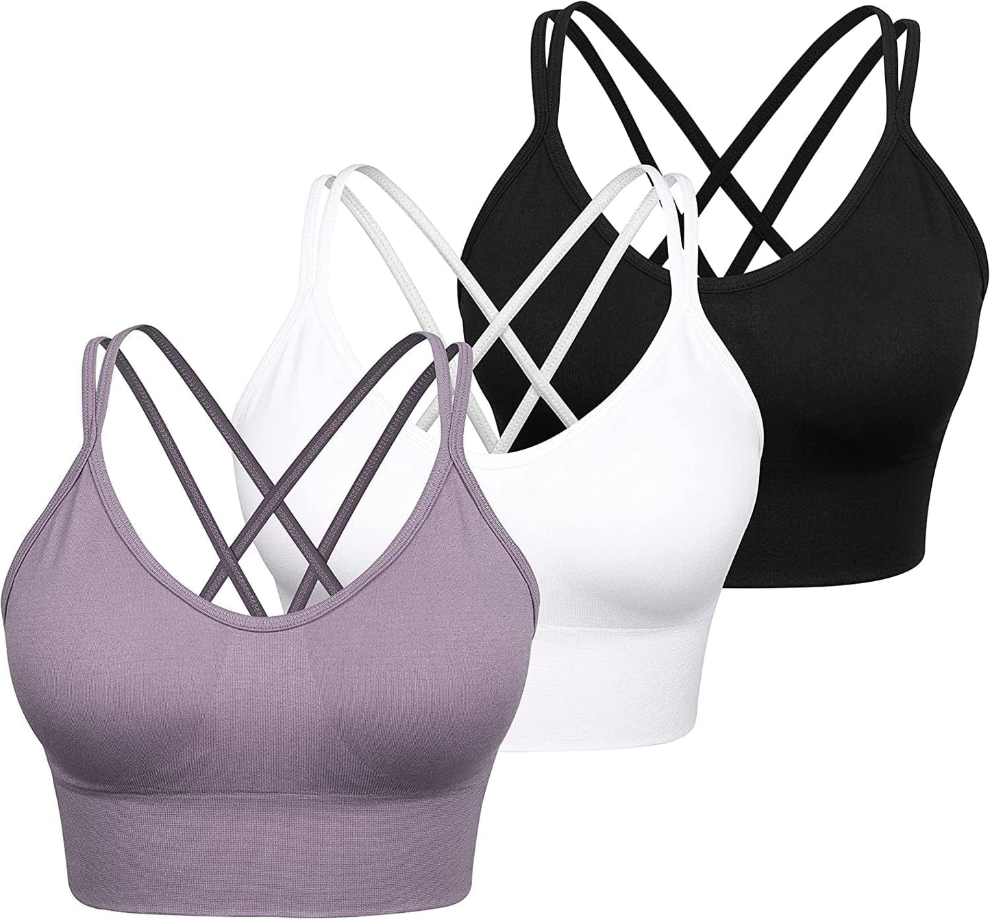 Women Strappy Sports Bra Cross Back Medium Supports Seamless Removable Padded Yoga Bra for Workout Fitness 3 Pack 3pack(black+white+purple) / Small