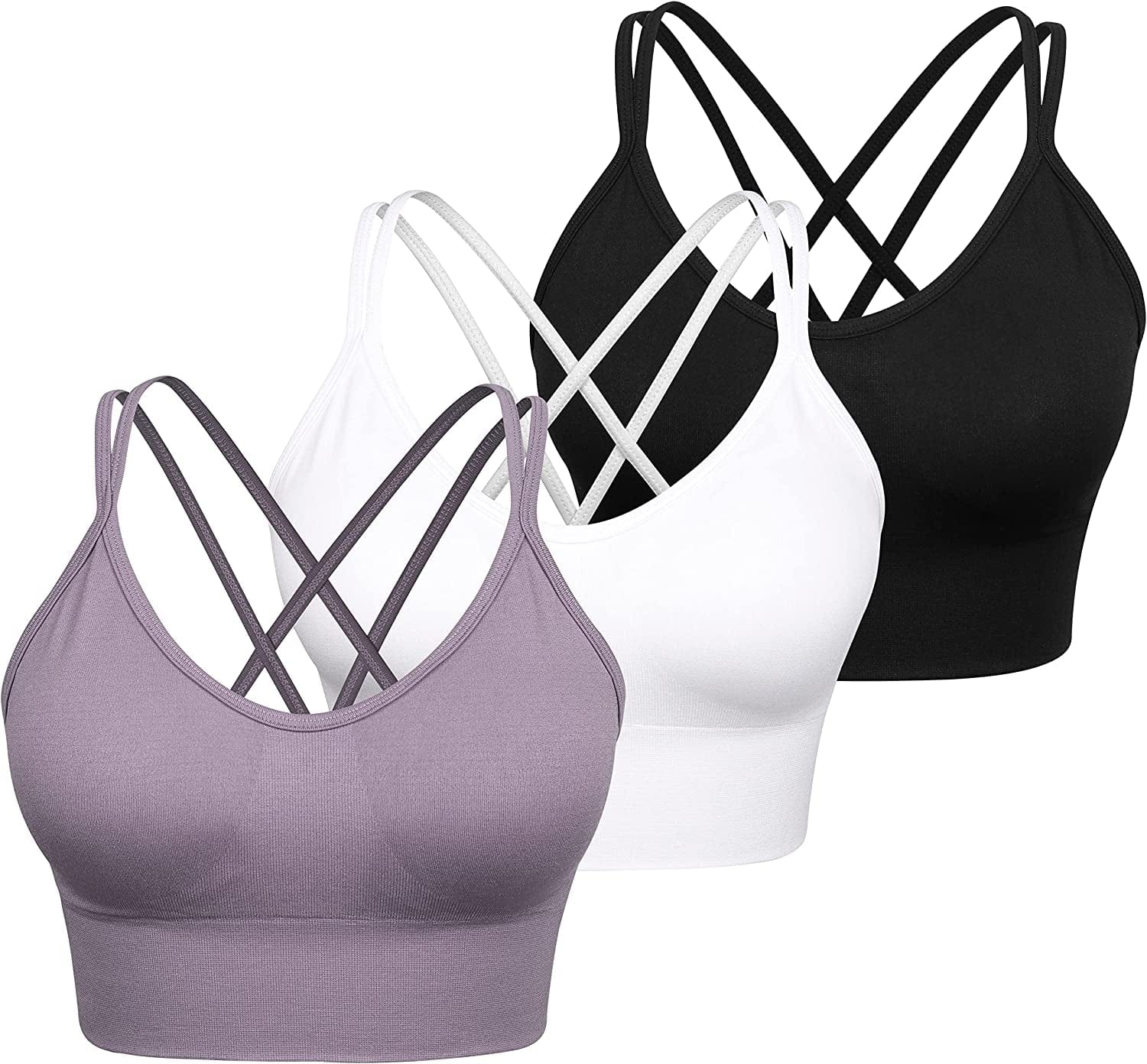 Women Strappy Sports Bra Cross Back Medium Supports Seamless Removable Padded Yoga Bra for Workout Fitness 3 Pack 3pack(black+white+purple) / Small