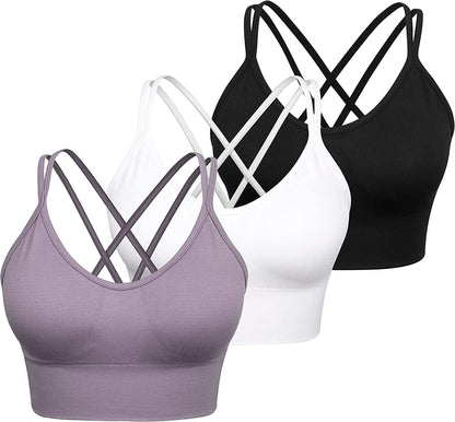 Women Strappy Sports Bra Cross Back Medium Supports Seamless Removable Padded Yoga Bra for Workout Fitness 3 Pack 3pack(black+white+purple) / Small