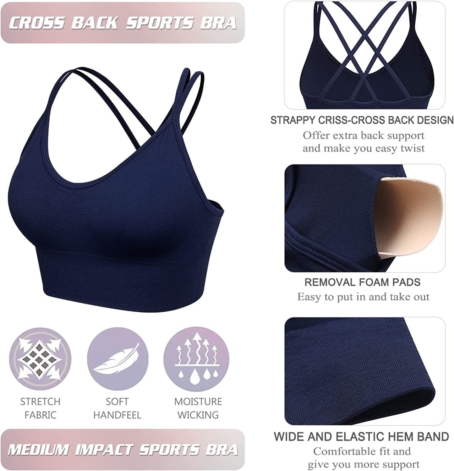 Women Strappy Sports Bra Cross Back Medium Supports Seamless Removable Padded Yoga Bra for Workout Fitness 3 Pack