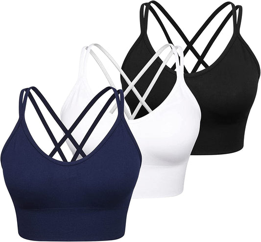 Women Strappy Sports Bra Cross Back Medium Supports Seamless Removable Padded Yoga Bra for Workout Fitness 3 Pack 3pack(black+white+blue) / Large