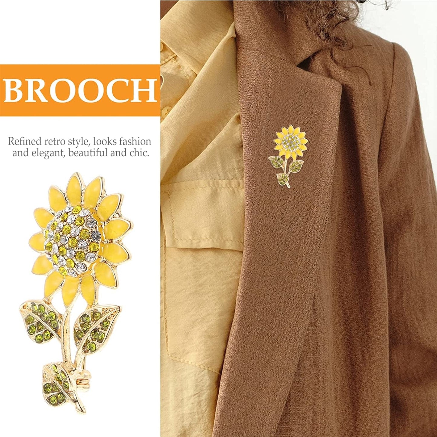 Women Sun Flower Lapel Pin Sunflower Shape Brooch Crystal Elegant Plant Flower Rhinestone Brooch for Ladies Girls Backpack Clothes Hat Bag Coat Yellow 1 Medium 1002724945S