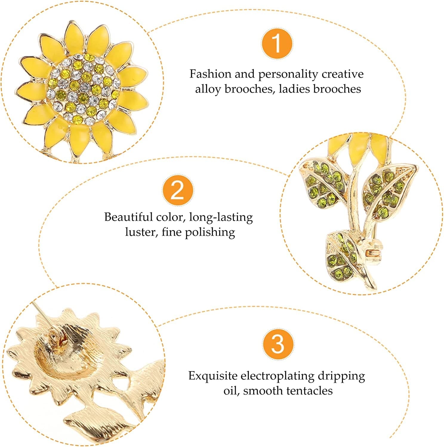 Women Sun Flower Lapel Pin Sunflower Shape Brooch Crystal Elegant Plant Flower Rhinestone Brooch for Ladies Girls Backpack Clothes Hat Bag Coat Yellow 1 Medium 1002724945S