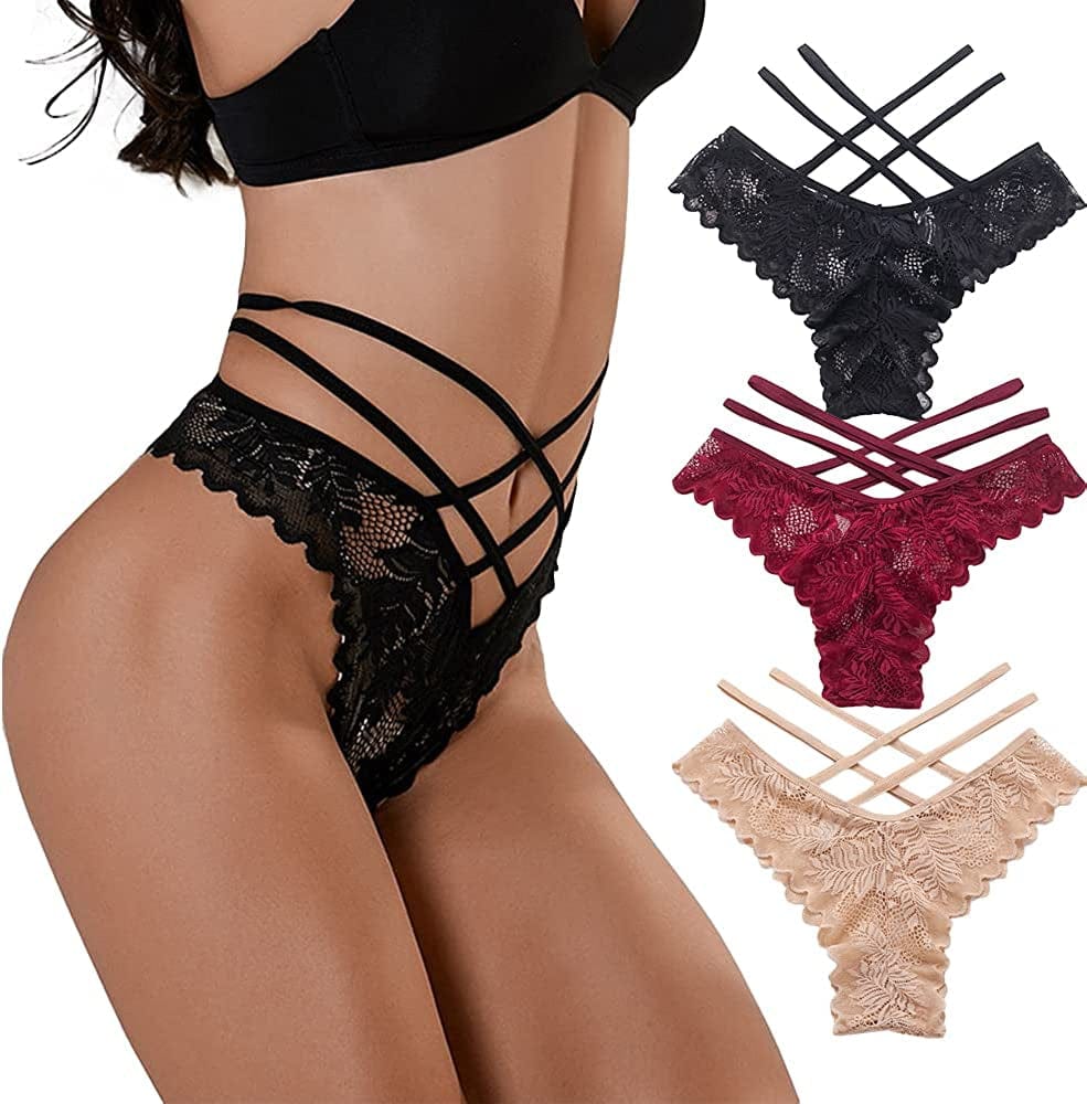 Women Underwear Cotton Thongs 5 Pack T Back See through G-Strings Sexy Lace Breathable Bikini Panties Teens Underwear 3pack Set-b / Medium