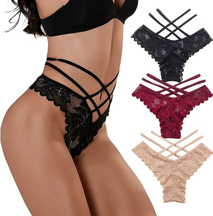 Women Underwear Cotton Thongs 5 Pack T Back See through G-Strings Sexy Lace Breathable Bikini Panties Teens Underwear 3pack Set-b / Medium