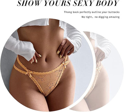 Women Underwear Cotton Thongs 5 Pack T Back See through G-Strings Sexy Lace Breathable Bikini Panties Teens Underwear