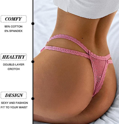 Women Underwear Cotton Thongs 5 Pack T Back See through G-Strings Sexy Lace Breathable Bikini Panties Teens Underwear