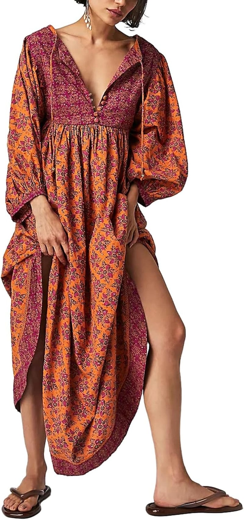 Women Vintage Floral Boho Maxi Dress Long Sleeve Flowy Bohemian Long Dress Casual V Neck Button up Split Dress A-Orange / Medium