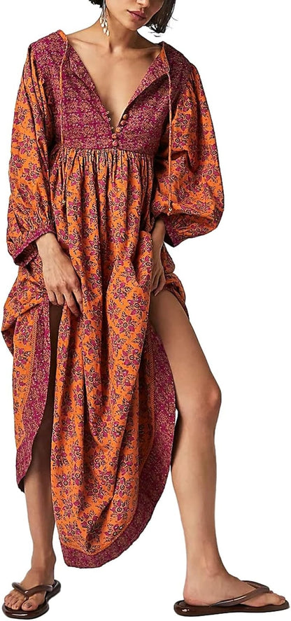 Women Vintage Floral Boho Maxi Dress Long Sleeve Flowy Bohemian Long Dress Casual V Neck Button up Split Dress A-Orange / Medium