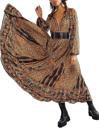 Women Vintage Floral Boho Maxi Dress Long Sleeve Flowy Bohemian Long Dress Casual V Neck Button up Split Dress B-Yellow Tassel / Small